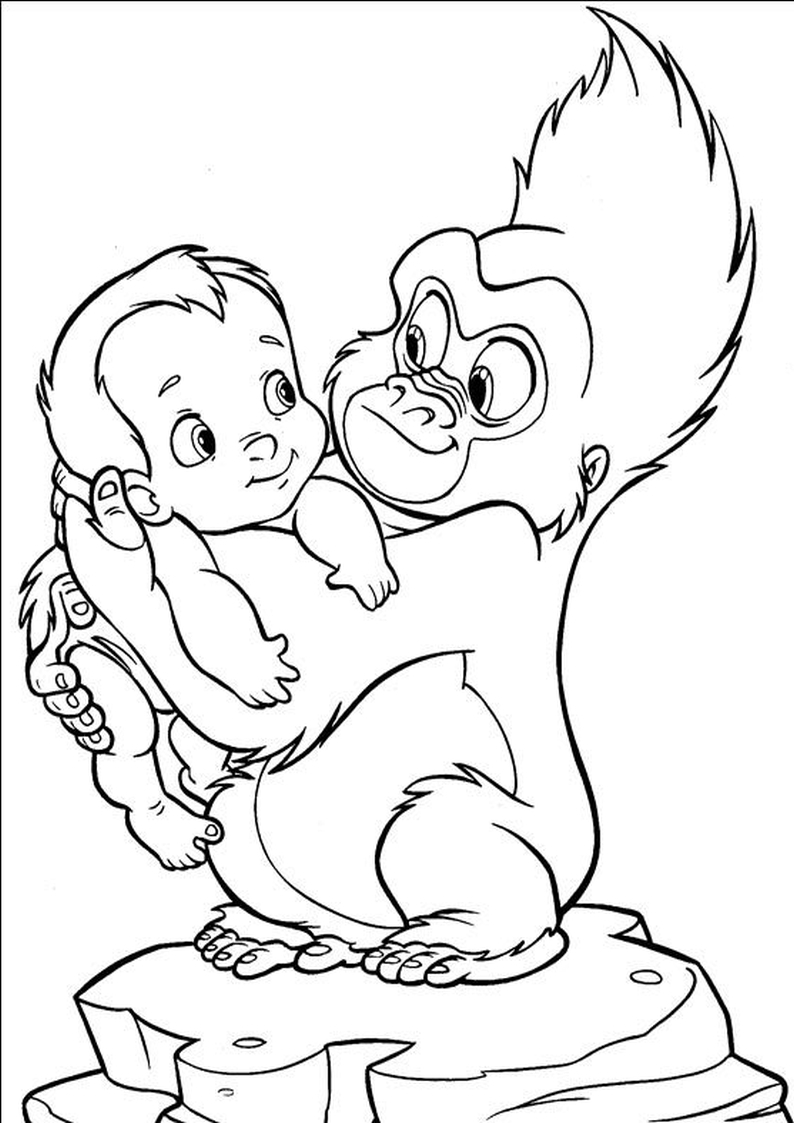 dla dzieci kolorowanka Tarzan Disney, obrazek z małym Tarzanem i małą gorylicą Terk, jego przyjaciółką, malowanka do pokolorowania numer 32